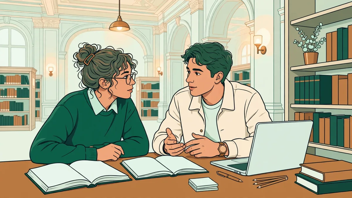 Deux étudiantes qui comparent leurs fiches entre des livres et un ordinateur en bibliothèque universitaire