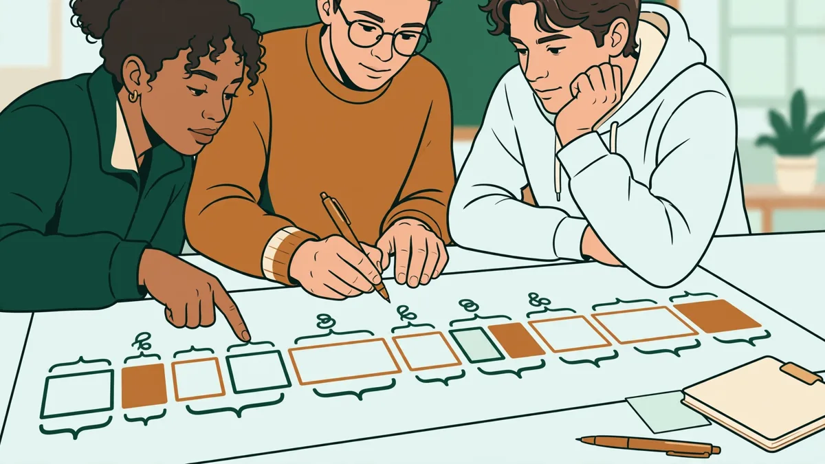 Trois étudiants autour d'une table qui découpent une phrase en groupes de mots sur une grande feuille