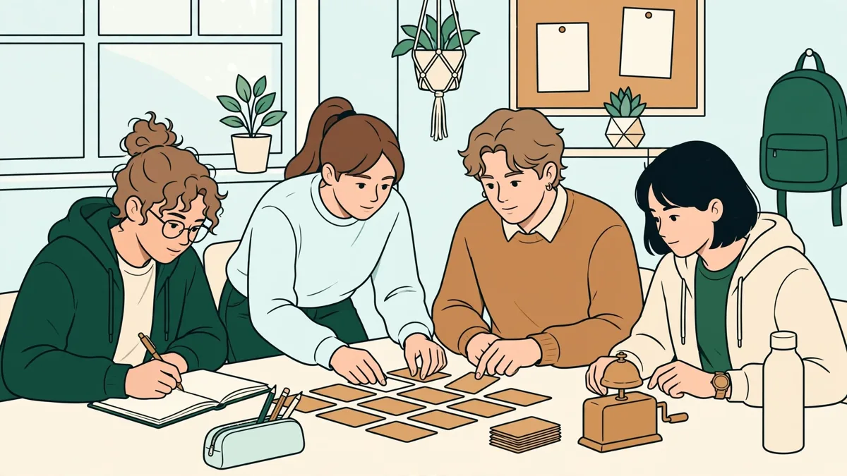Quatre étudiants qui réalisent un petit test de mémoire avec des cartes et un chronomètre dans une salle claire.