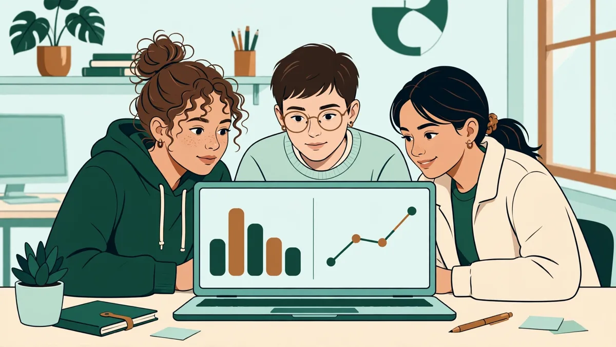 Trois étudiants autour d'un ordinateur portable qui analysent ensemble des graphiques issus d'une expérience de psychologie.