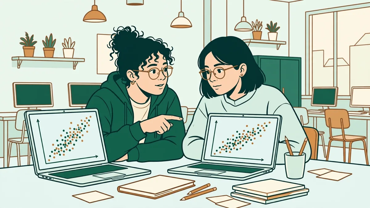 Deux étudiants en licence MIASHS qui analysent ensemble un graphique sur ordinateur, avec carnets et brouillon de code sur la table.