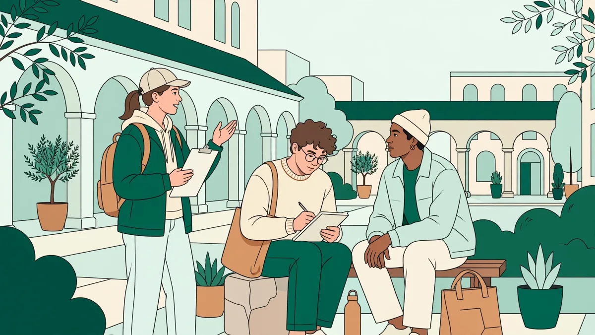 Trois étudiants qui mènent une enquête sociologique sur un campus, l'une pose des questions, l'autre prend des notes.