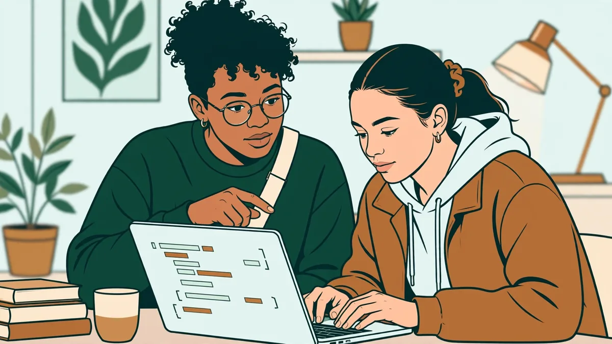 Deux étudiants devant un écran d'ordinateur qui testent et corrigent ensemble un programme.
