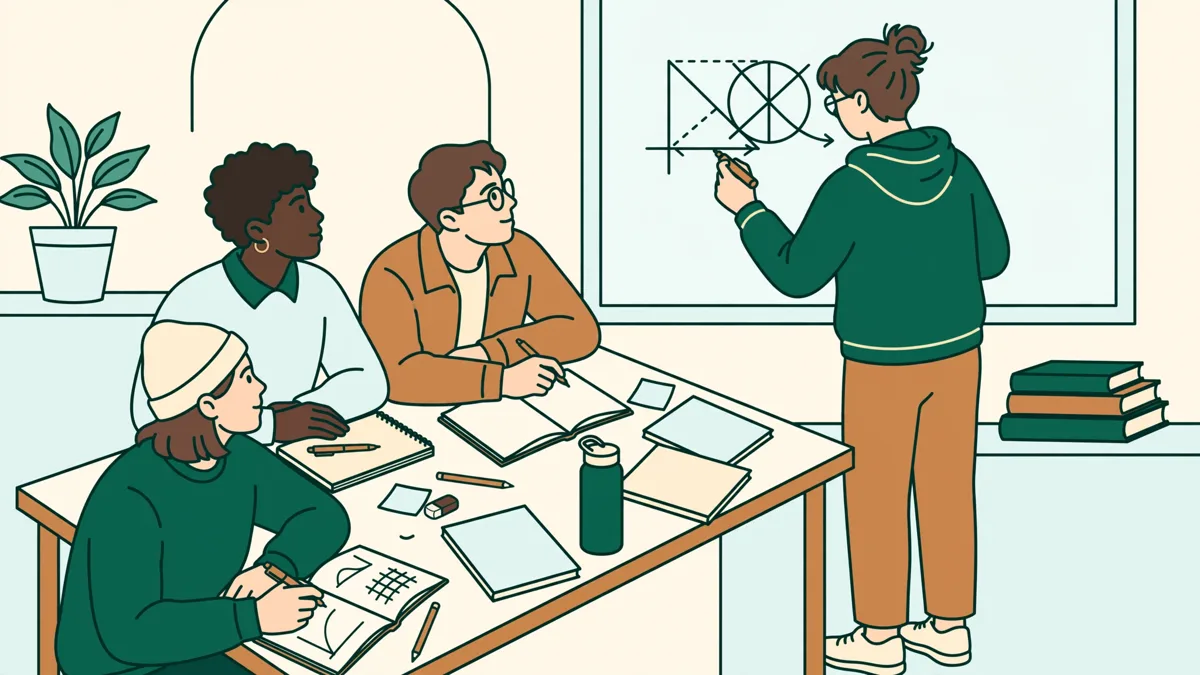 Petit groupe d'étudiants autour d'une table qui résolvent un exercice de maths, l'un passant au tableau.