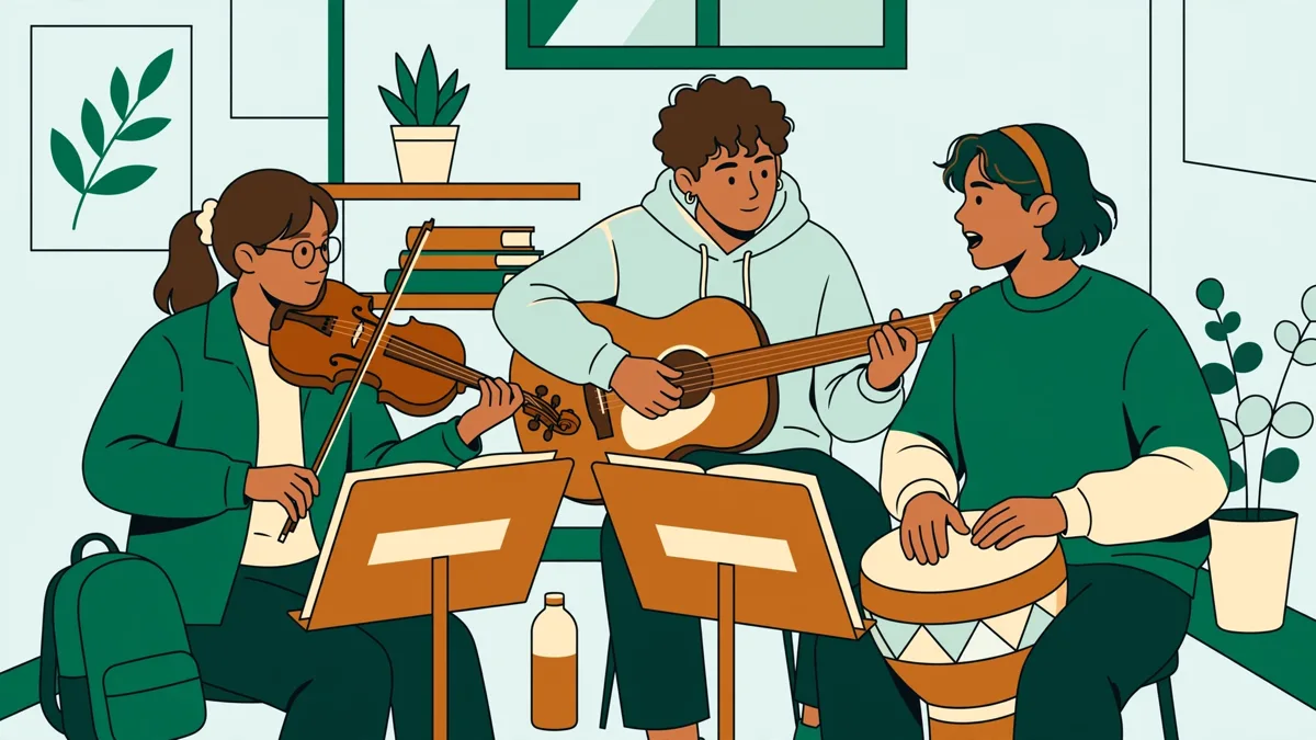 Des étudiants musiciens en répétition en petite salle, violon, guitare et voix autour de pupitres