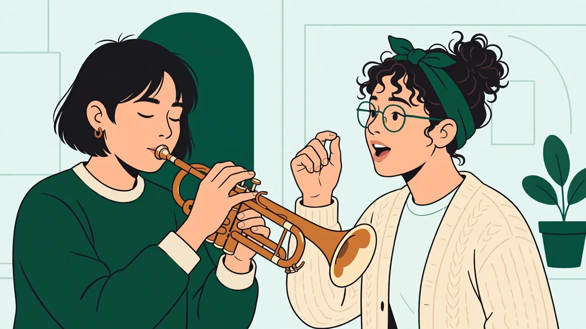 Deux étudiants qui travaillent l'oreille, l'un à la trompette et l'autre qui chante