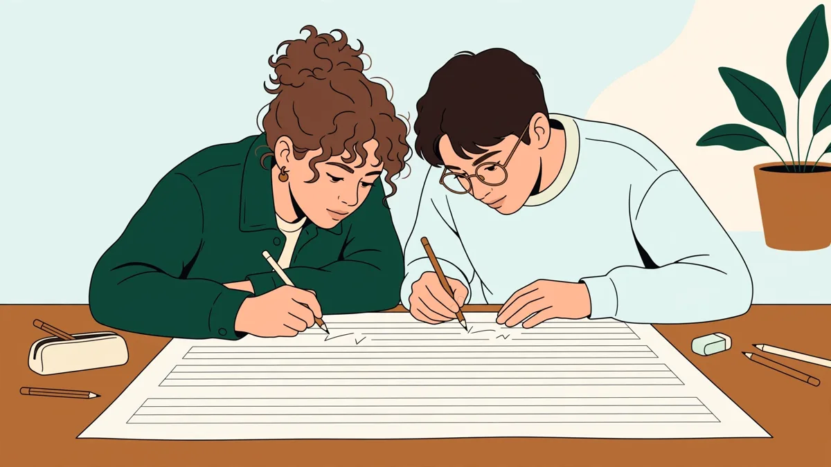 Deux étudiantes penchées sur une grande partition posée sur table, annotant des accords avec un crayon