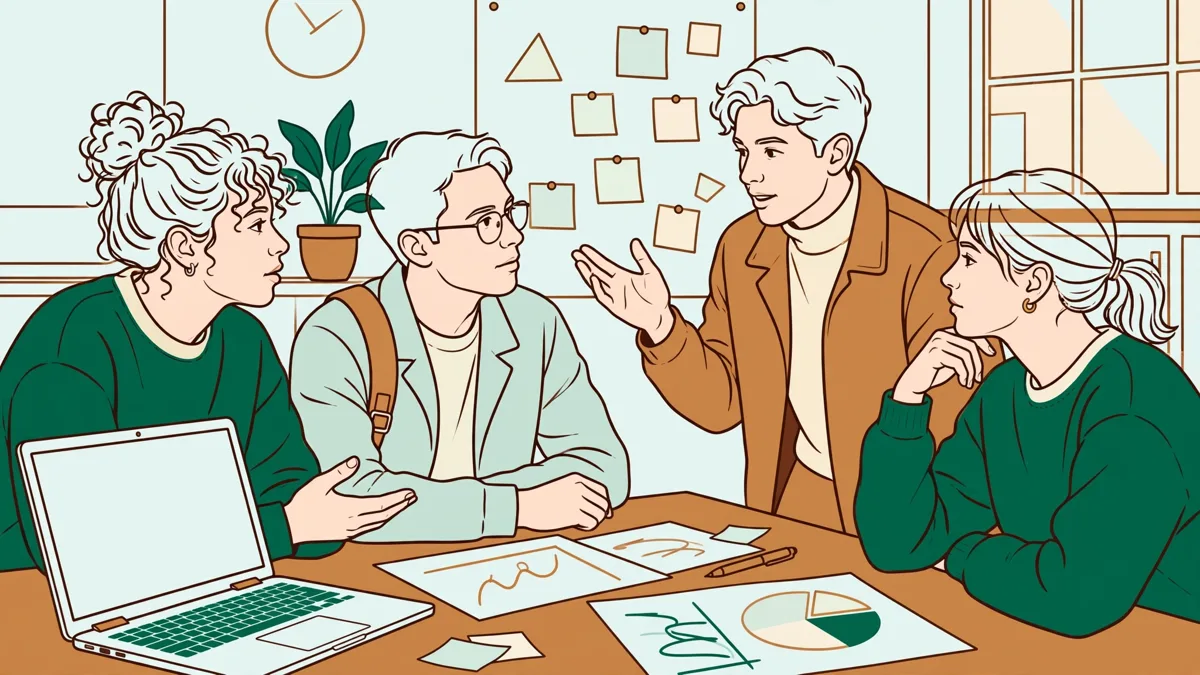 Quatre étudiants autour d'une table qui préparent un exposé d'économie avec un ordinateur et des notes