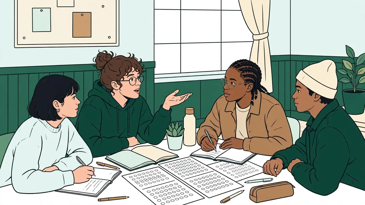 Petit groupe d'étudiants de PASS penchés sur des QCM, l'un explique un schéma aux autres autour d'une table