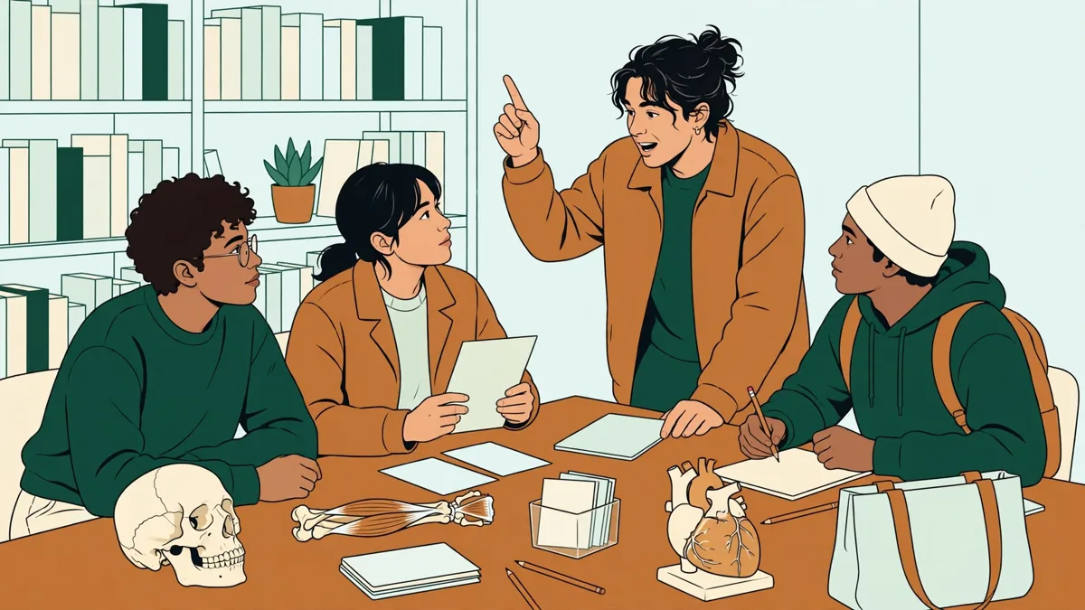 Illustration dessinée : quatre étudiants autour d'une table de bibliothèque universitaire, fiches et modèles anatomiques posés devant eux, l'un explique un schéma aux autres.