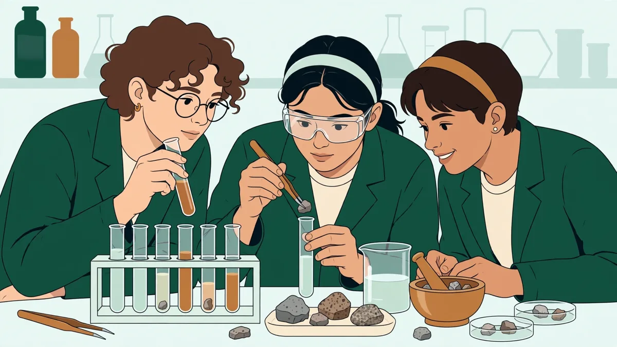 Illustration dessinée : trois étudiants en blouse en travaux pratiques de chimie, l'une verse un liquide dans un tube, un autre observe des échantillons de roches sur la paillasse.