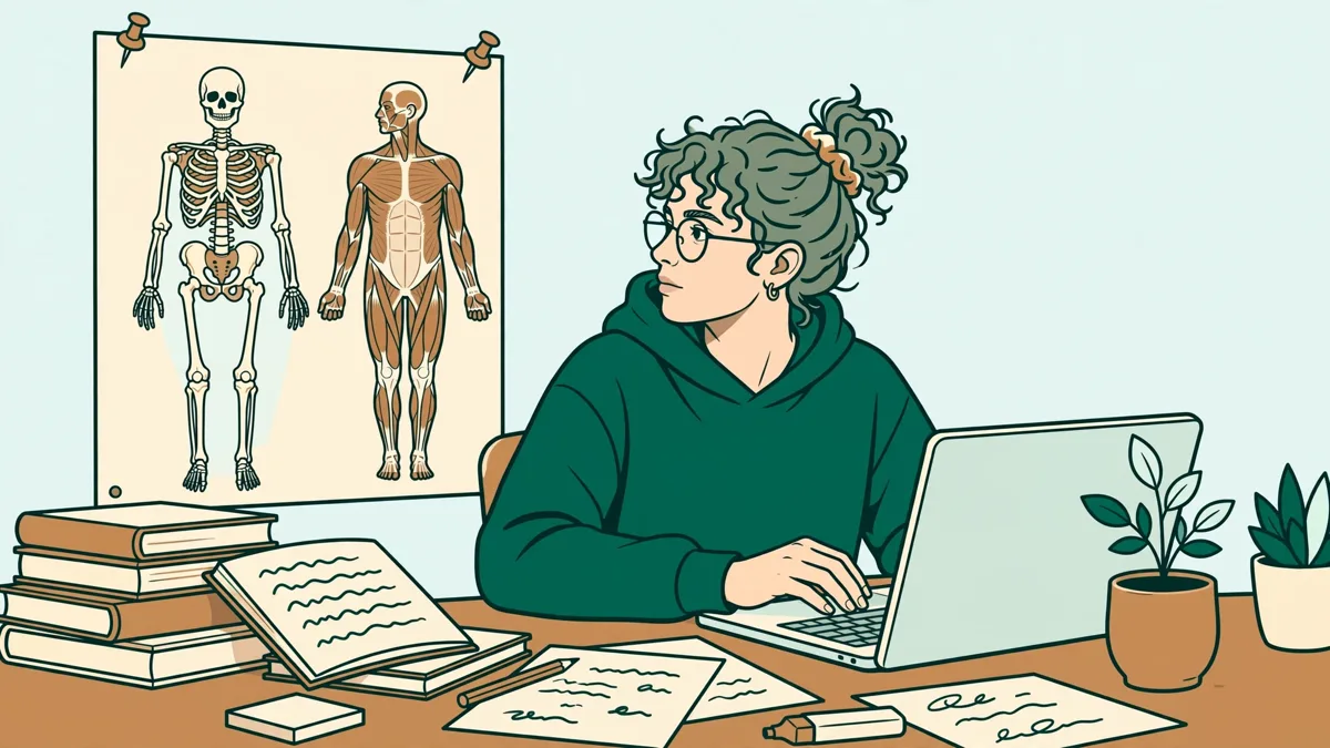 Une étudiante qui alterne entre une planche d'anatomie annotée et la rédaction d'une dissertation sur un ordinateur portable.