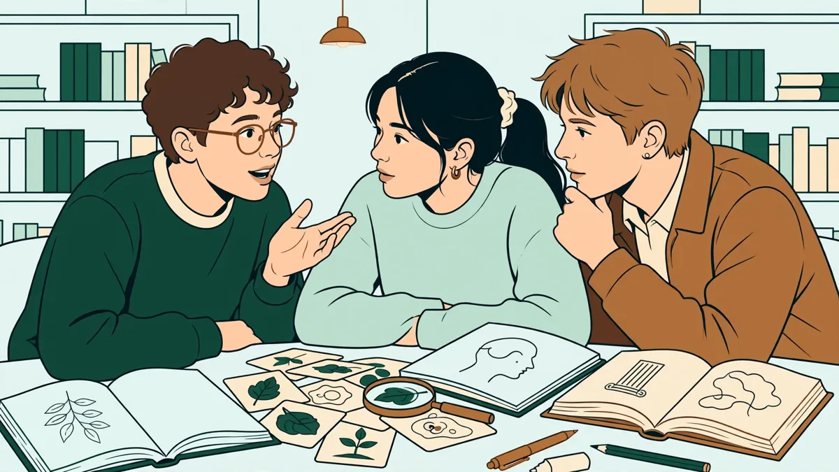 Trois étudiants qui révisent ensemble en bibliothèque, avec des QCM de biologie et des livres de philosophie ouverts.