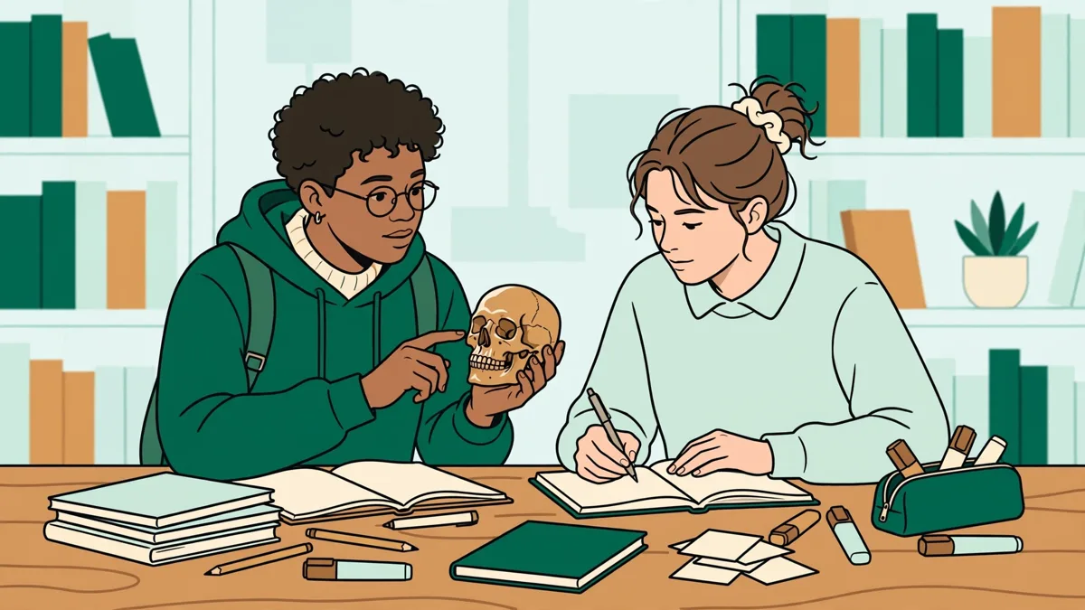 Deux étudiants en première année qui révisent ensemble à une table de bibliothèque, l'un montrant un petit modèle anatomique, l'autre prenant des notes.