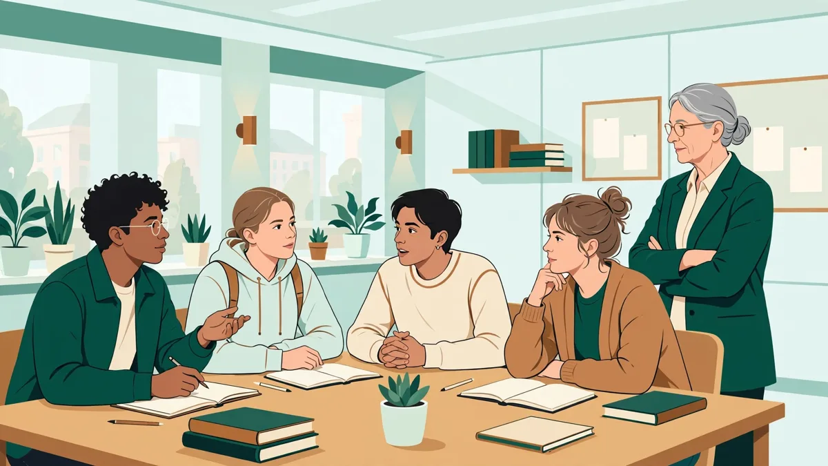 Petit groupe d'étudiants qui débattent autour d'une table de séminaire avec livres et carnets, une enseignante qui écoute.