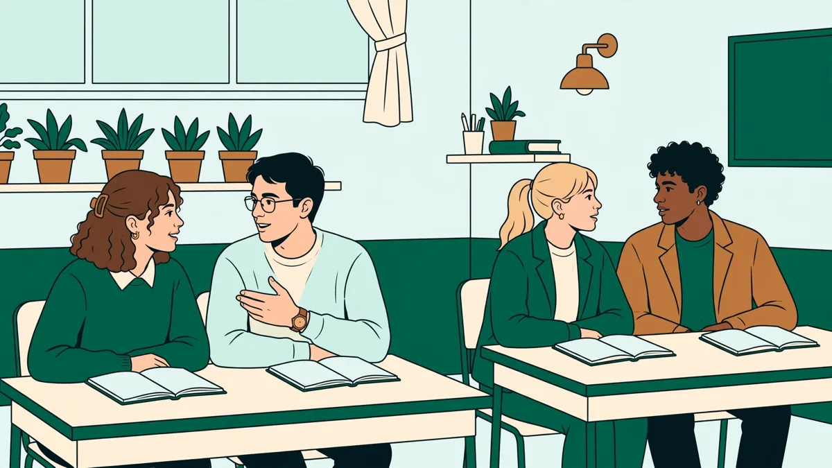 Étudiants en travaux dirigés d'italien qui échangent à l'oral en petit groupe.