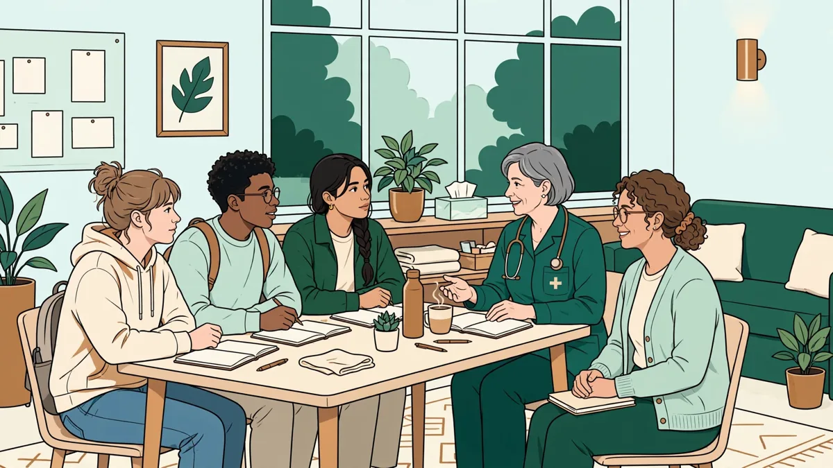 Un petit groupe d'étudiants qui discute avec une infirmière et un psychologue dans un espace d'accueil clair du campus, carnets et tasses sur la table.