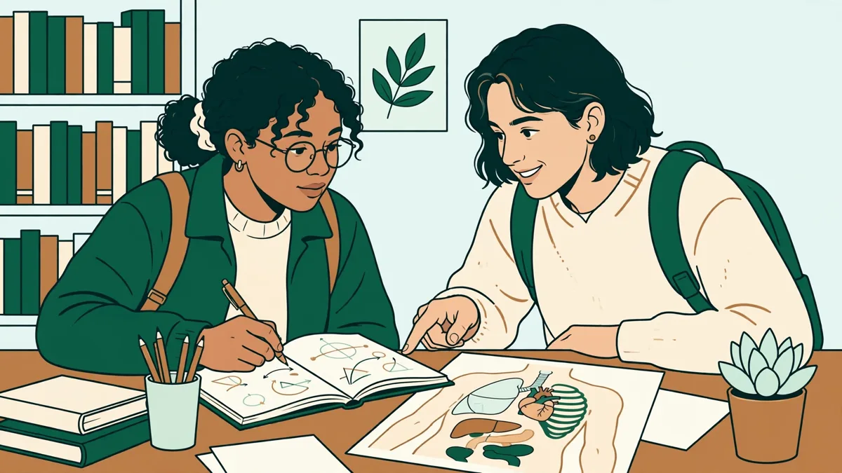 Deux étudiants qui révisent ensemble, l'un avec un cahier de maths plein d'équations, l'autre avec un schéma d'anatomie, dans une salle de bibliothèque lumineuse.