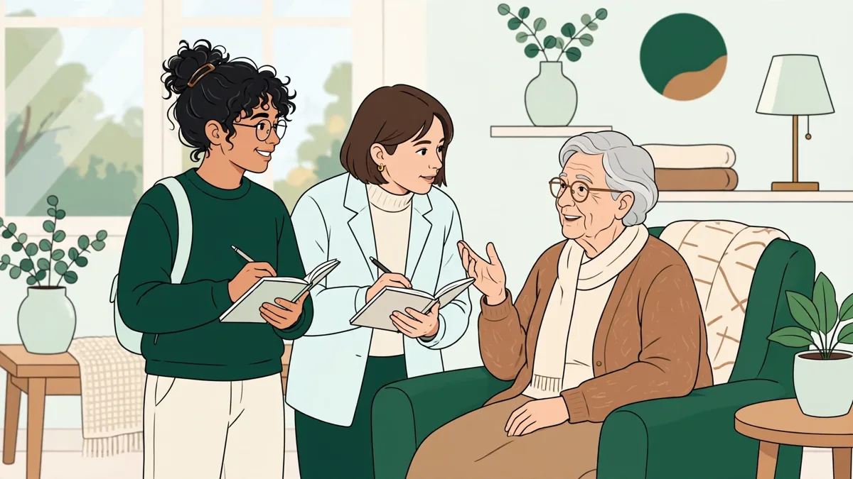 Illustration dessinée : deux étudiantes en stage d'observation qui accompagnent une personne âgée dans une salle commune lumineuse, carnet à la main.