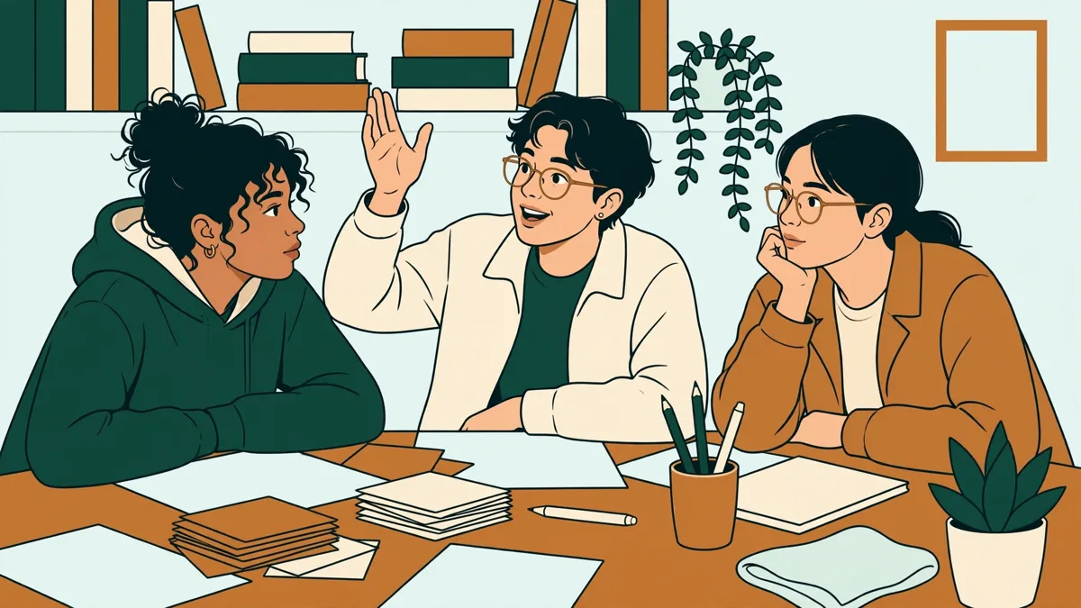 Illustration dessinée : trois étudiants autour d'une table qui s'entraînent ensemble sur des QCM, fiches et surligneurs étalés devant eux.