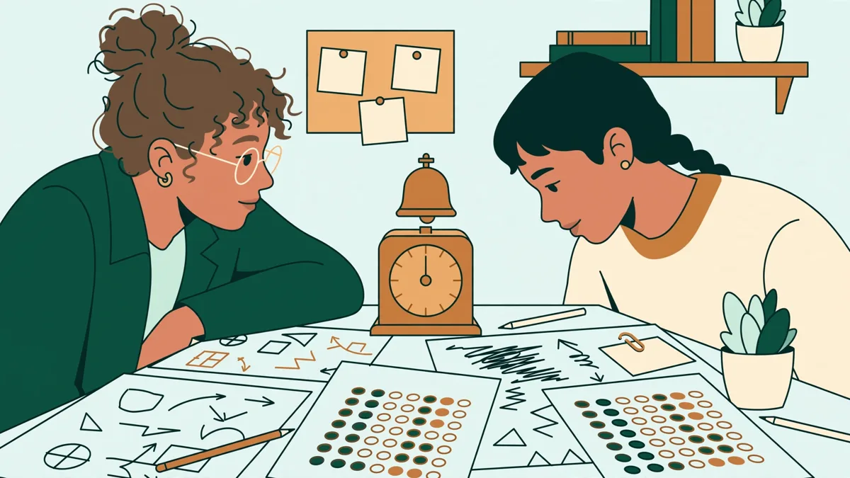 Deux étudiantes qui s'entraînent ensemble sur des QCM, chronomètre et brouillon de calculs à côté.