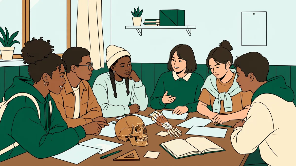 Petit groupe d'étudiants de PASS qui révisent ensemble autour d'une table, modèles anatomiques et fiches de physique posés devant eux.