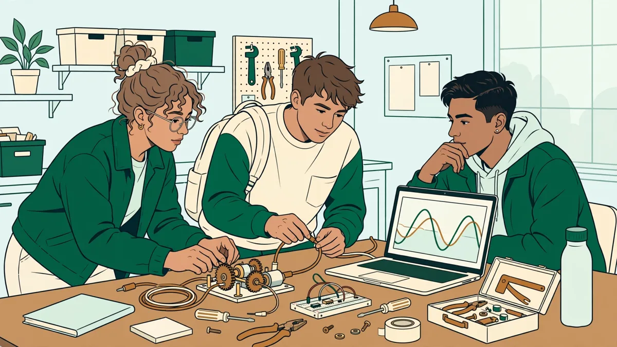 Trois étudiants autour d'une table de projet, l'une branche des câbles réseau, l'autre tient un petit prototype mécanique, le troisième observe des courbes de signal sur un portable.