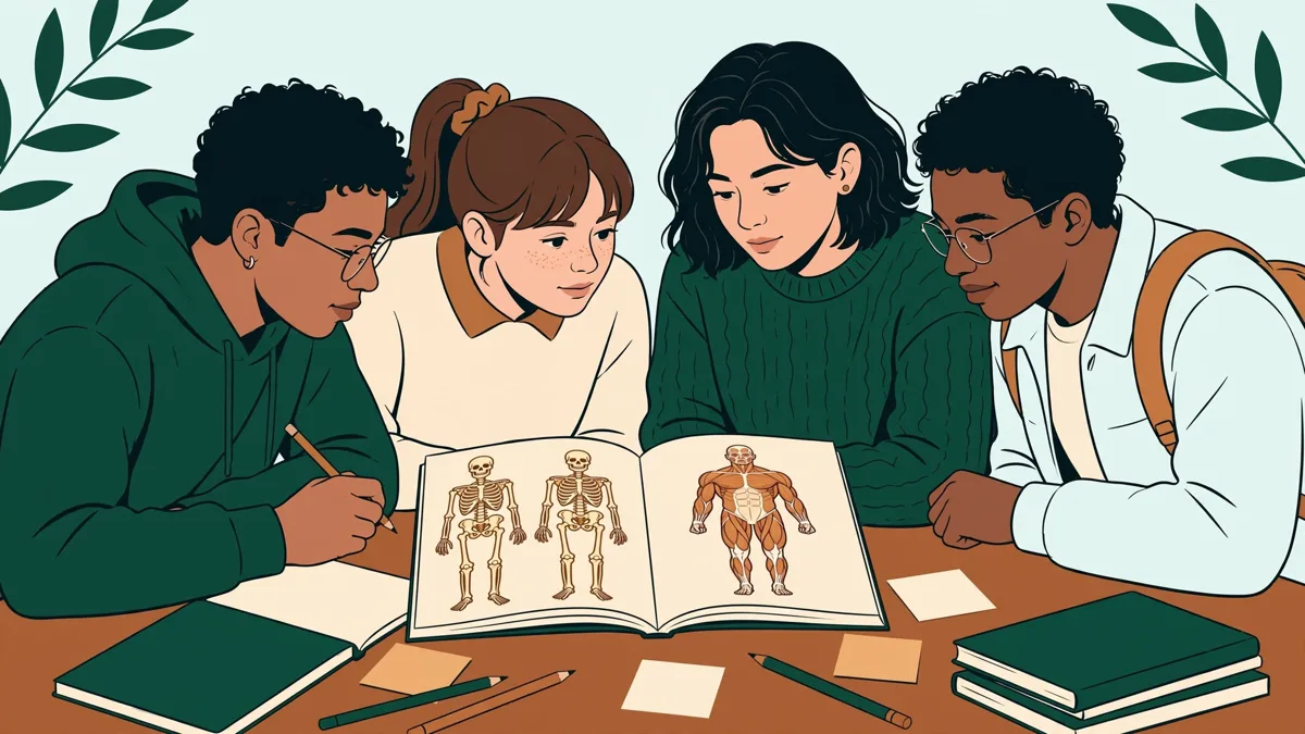 Quatre étudiants autour d'une table de bibliothèque révisent ensemble des QCM d'anatomie.
