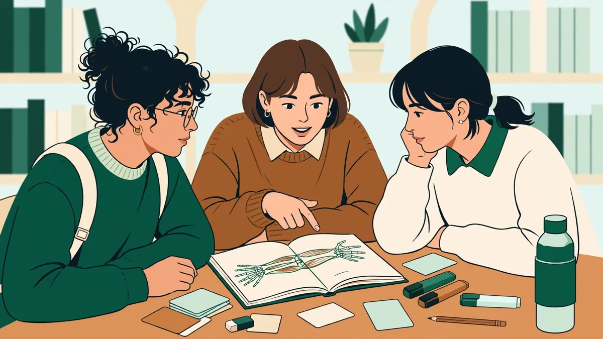 Trois étudiants qui s'entraînent ensemble sur des QCM de santé dans une bibliothèque, fiches et surligneurs posés autour d'eux.