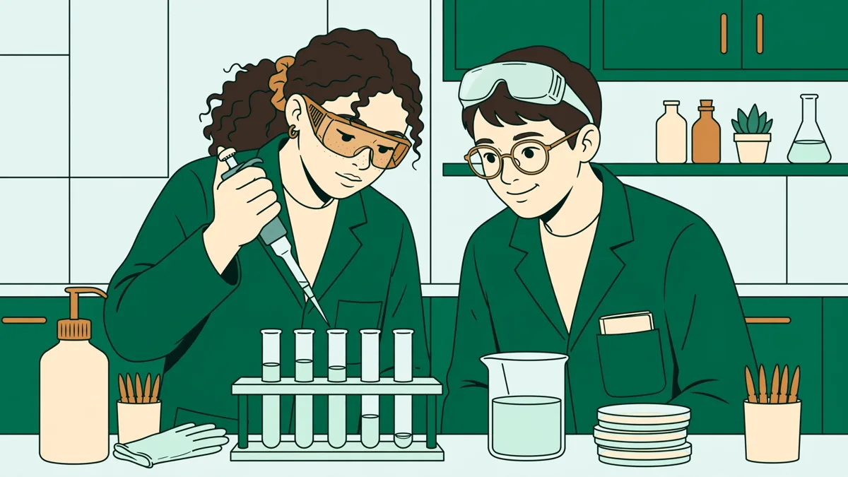 Deux étudiants en blouse qui manipulent une micropipette et des tubes devant une paillasse de laboratoire de biologie-chimie.