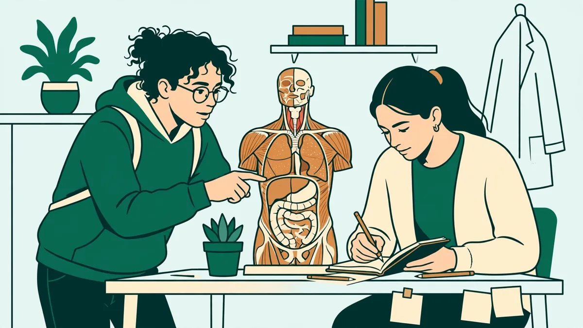 Deux étudiants en travaux pratiques de santé observent un modèle anatomique et prennent des notes ensemble