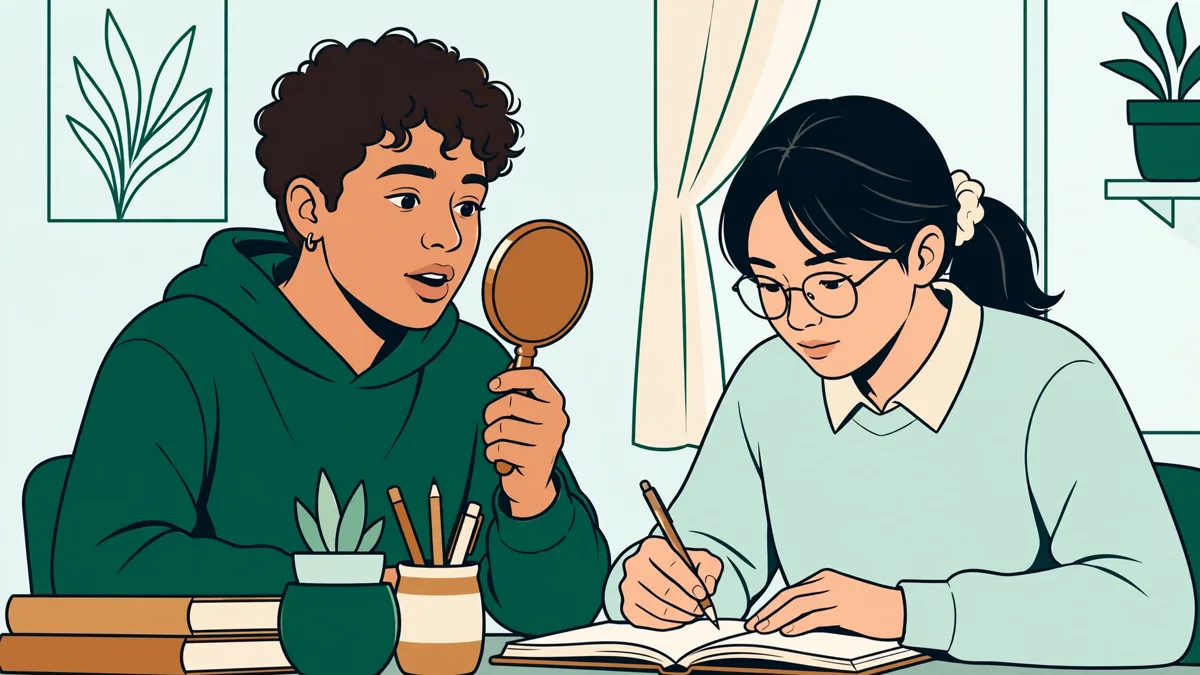 Deux étudiantes en PASS s'entraînent à la phonétique, l'une prononce devant un petit miroir pendant que l'autre observe et prend des notes.