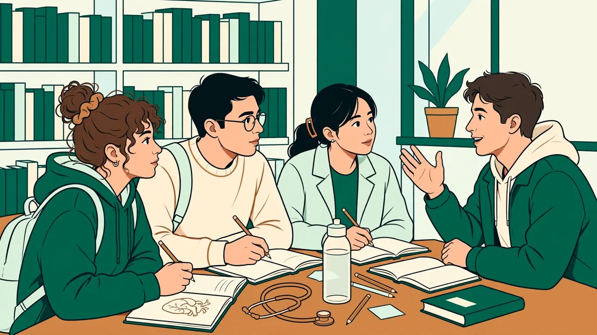Quatre étudiants en PASS révisent ensemble autour d'une table, schémas de révision et carnets ouverts, l'un explique aux autres.