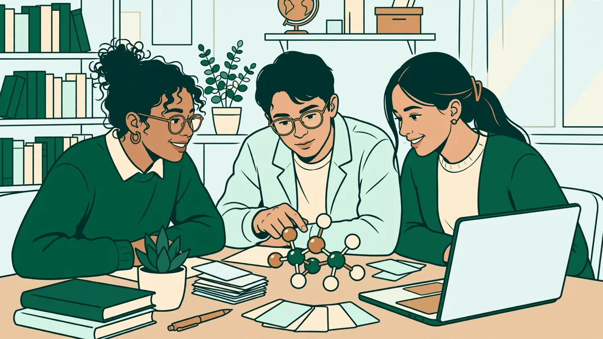 Illustration dessinée : trois étudiants révisent autour d’une table de bibliothèque avec fiches, ordinateur et modèle moléculaire.