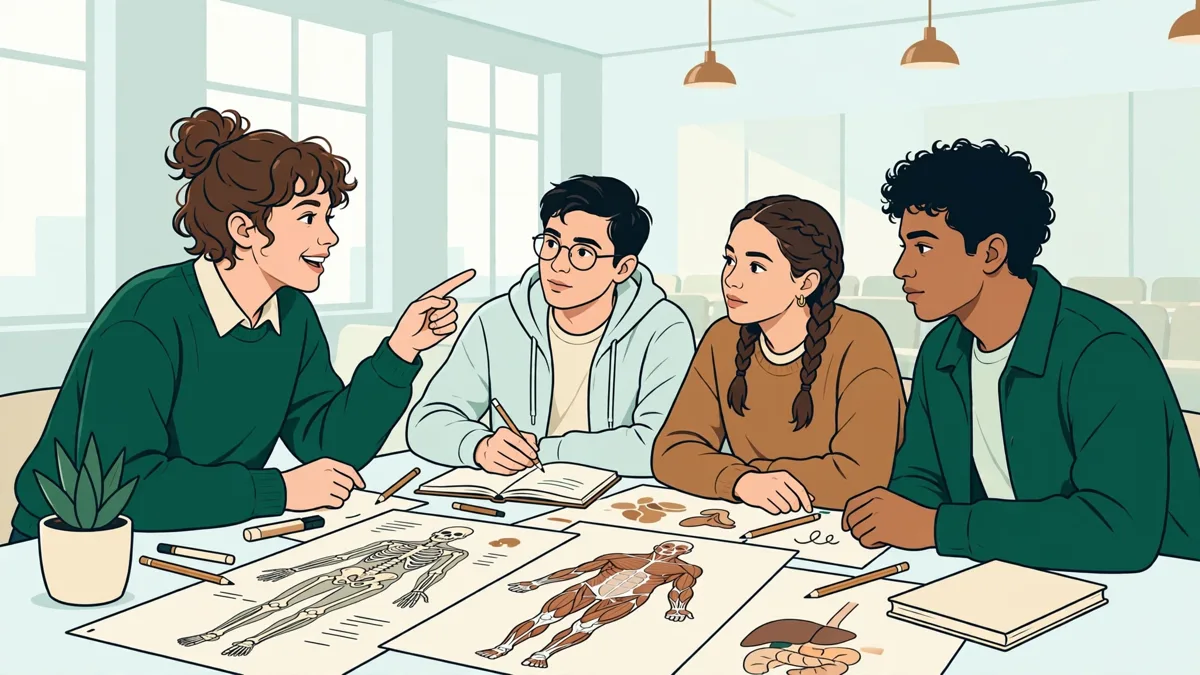 Illustration dessinée : des étudiants en PASS travaillent ensemble en amphithéâtre, carnets et schémas d’anatomie ouverts devant eux.