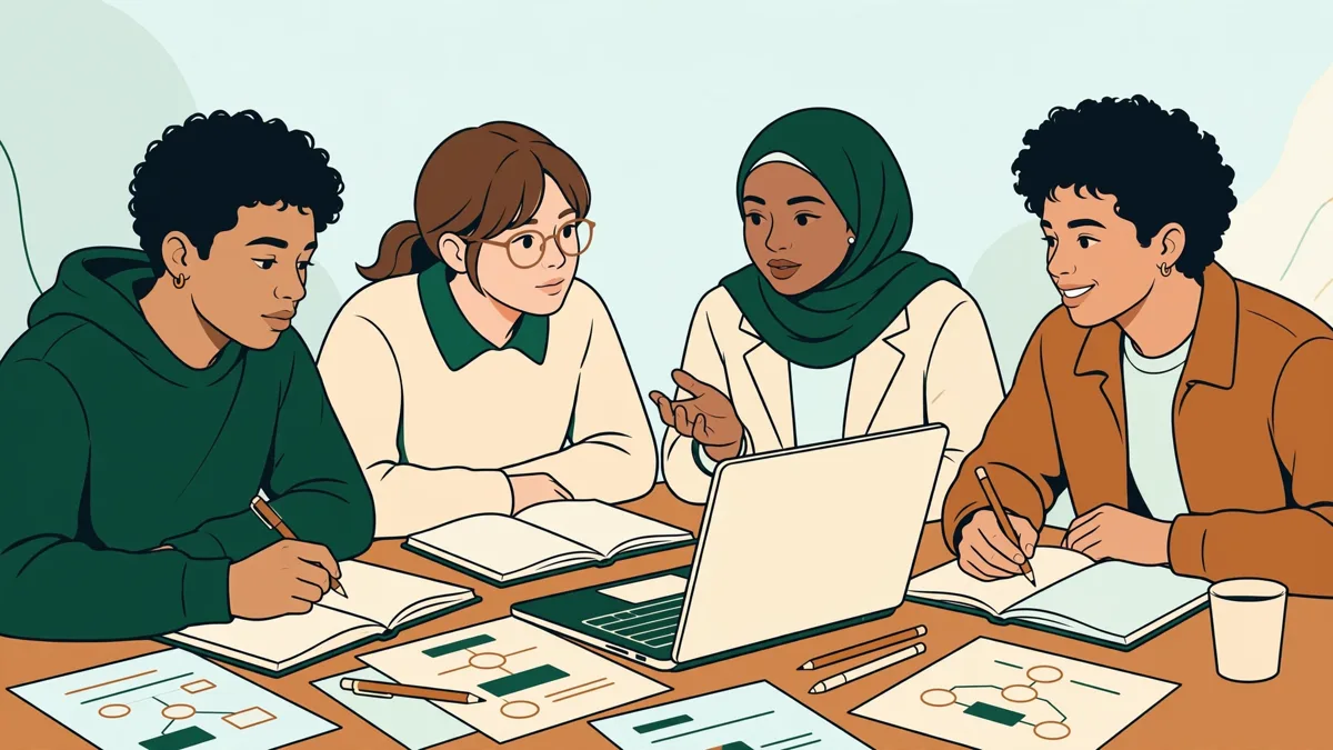 Quatre étudiants autour d'une table qui préparent ensemble une présentation sur un cas d'organisation, carnets et ordinateur ouverts.