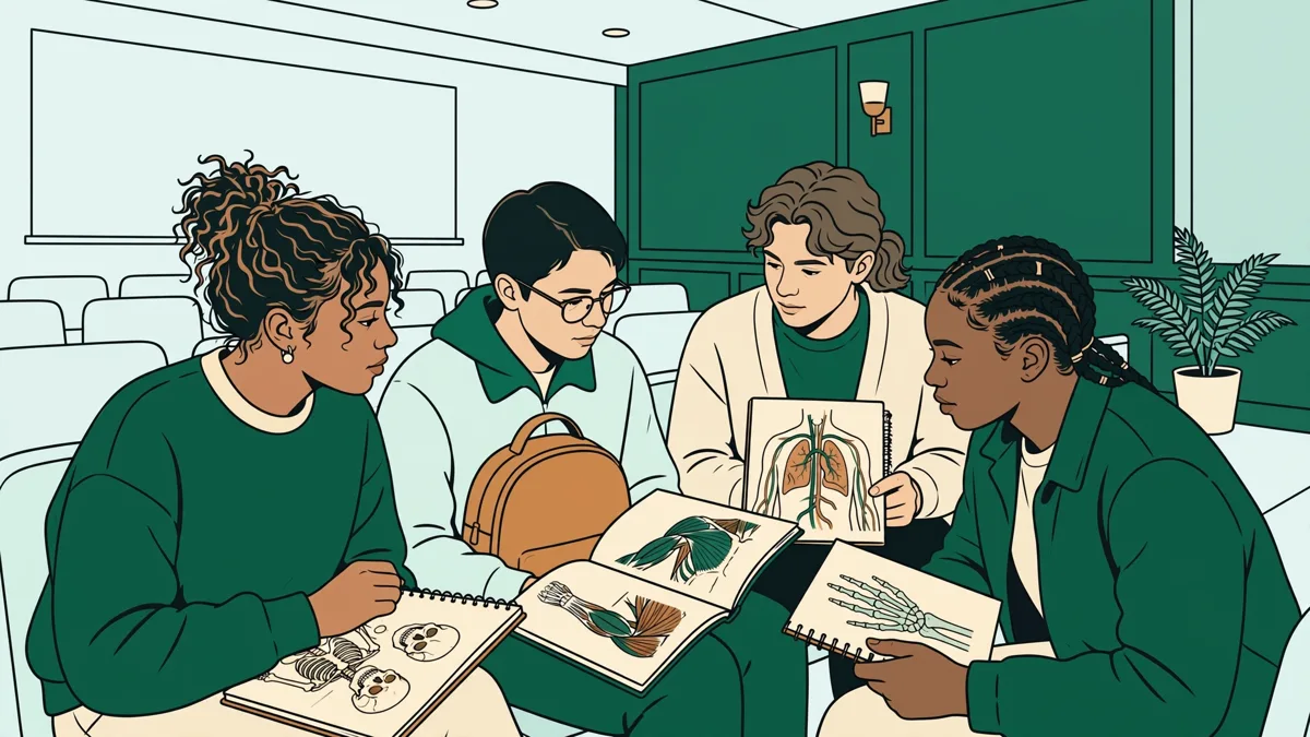 Petit groupe d'étudiants de première année santé qui s'entraînent ensemble à des QCM d'anatomie dans un amphithéâtre, feuilles et schémas posés devant eux.