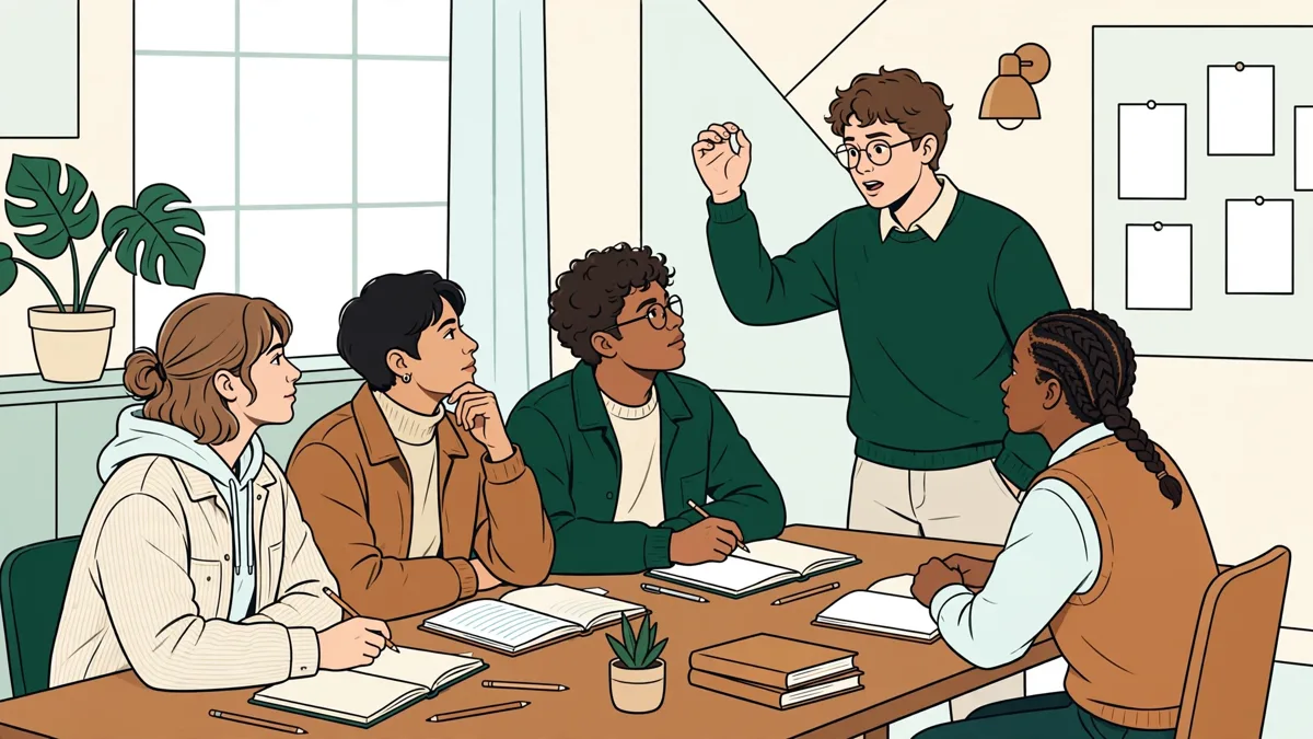 Étudiants en philo débattant autour d'une table de travaux dirigés, l'une debout pour argumenter, carnets ouverts.
