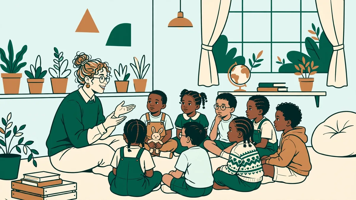 Étudiante en LAME animant une lecture avec des élèves de primaire assis en cercle dans une classe lumineuse.