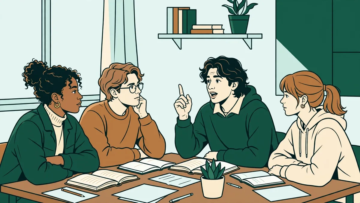 Petit groupe d'étudiants qui débattent autour d'une table avec livres ouverts et carnets
