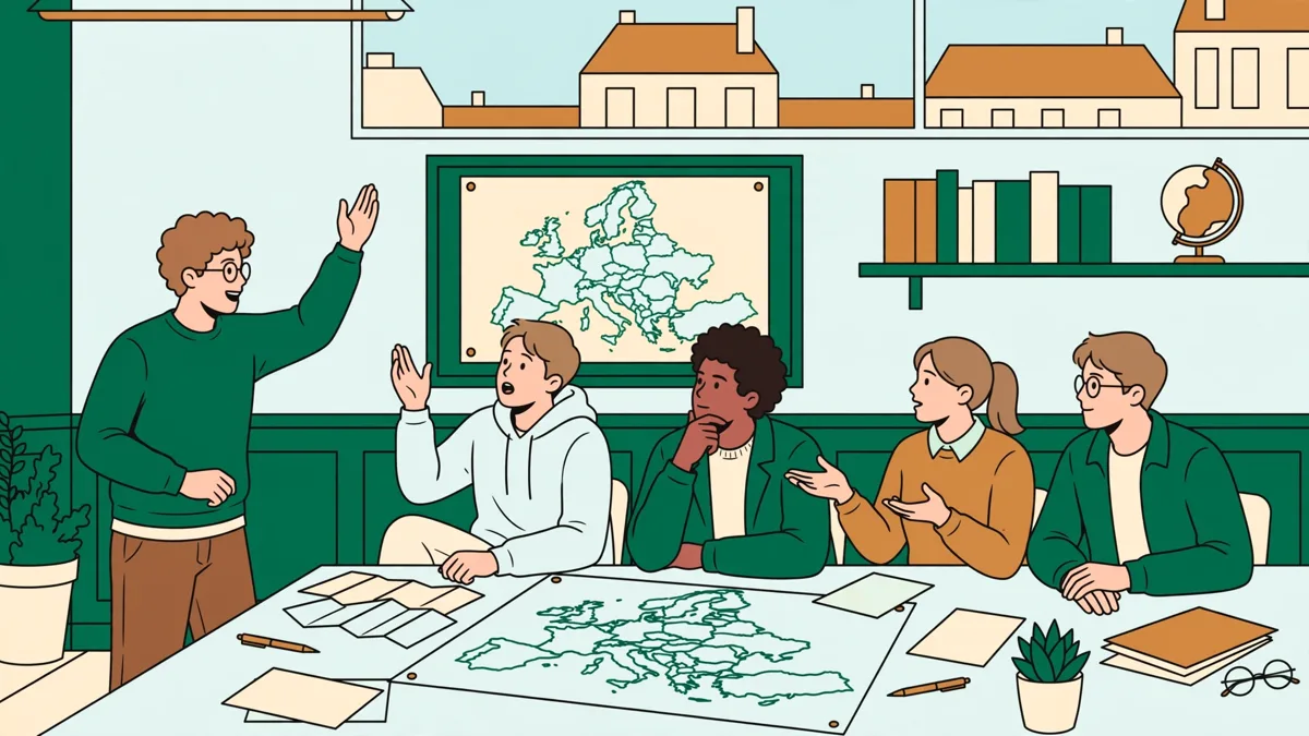 Étudiants en exposé qui débattent d'un sujet européen, carte et documents sur table, prise de parole animée.