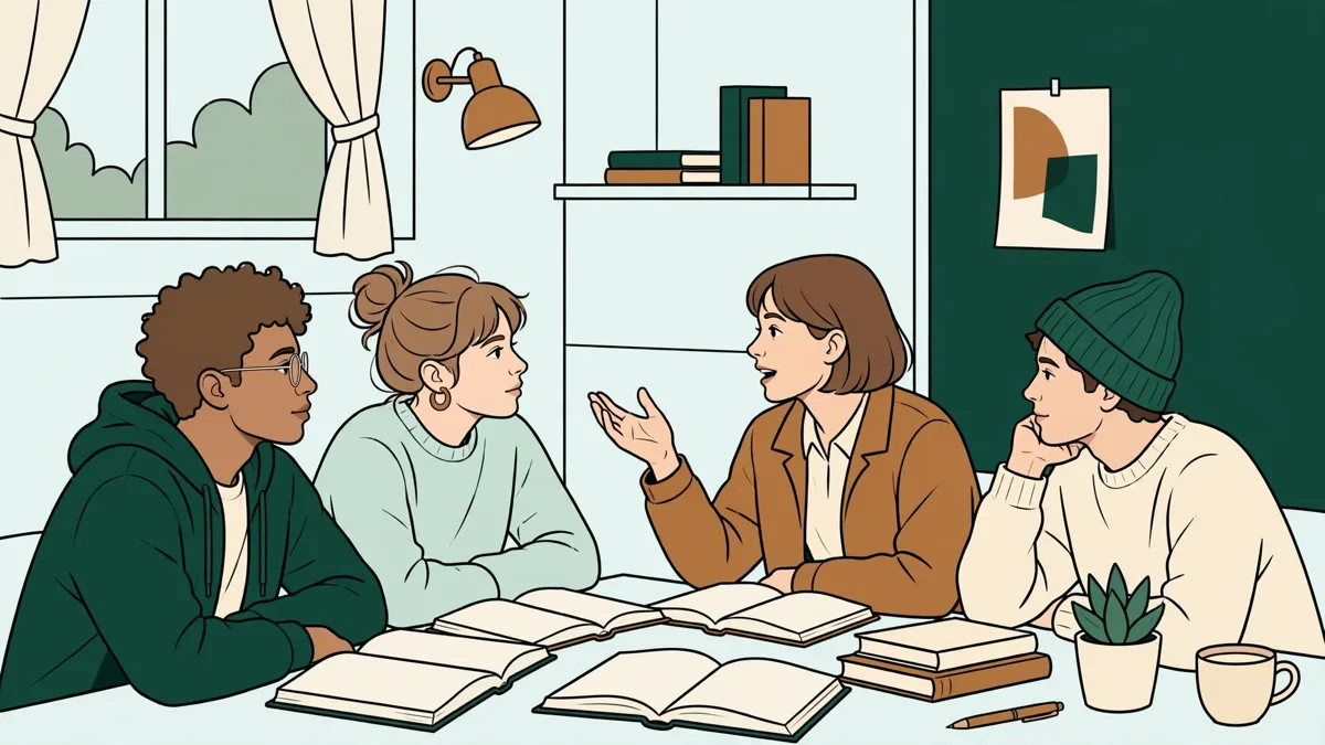 Petit groupe d'étudiants en TD de philosophie qui débattent autour d'une table, textes annotés ouverts devant eux.