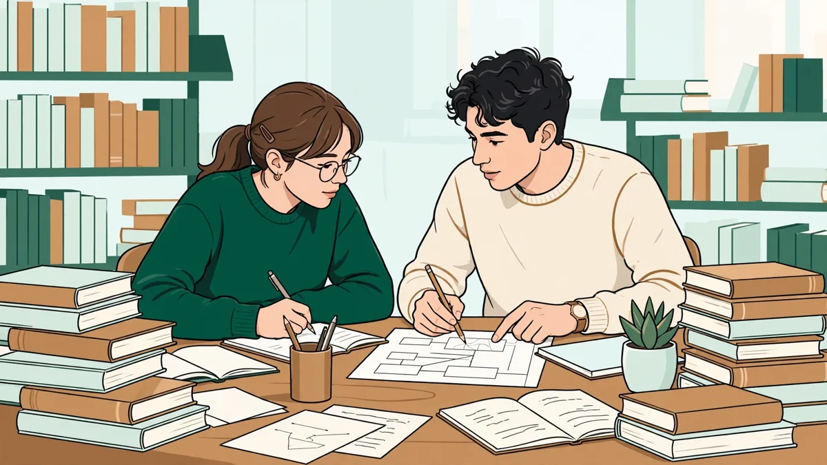 Deux étudiantes côte à côte en bibliothèque universitaire, entourées de livres, en train de rédiger et de comparer leurs plans sur un brouillon.