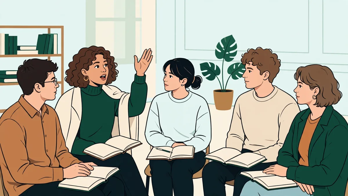 Petit groupe d'étudiants en cercle en salle de TD, livres ouverts, l'une d'elles prend la parole pendant que les autres écoutent et prennent des notes.