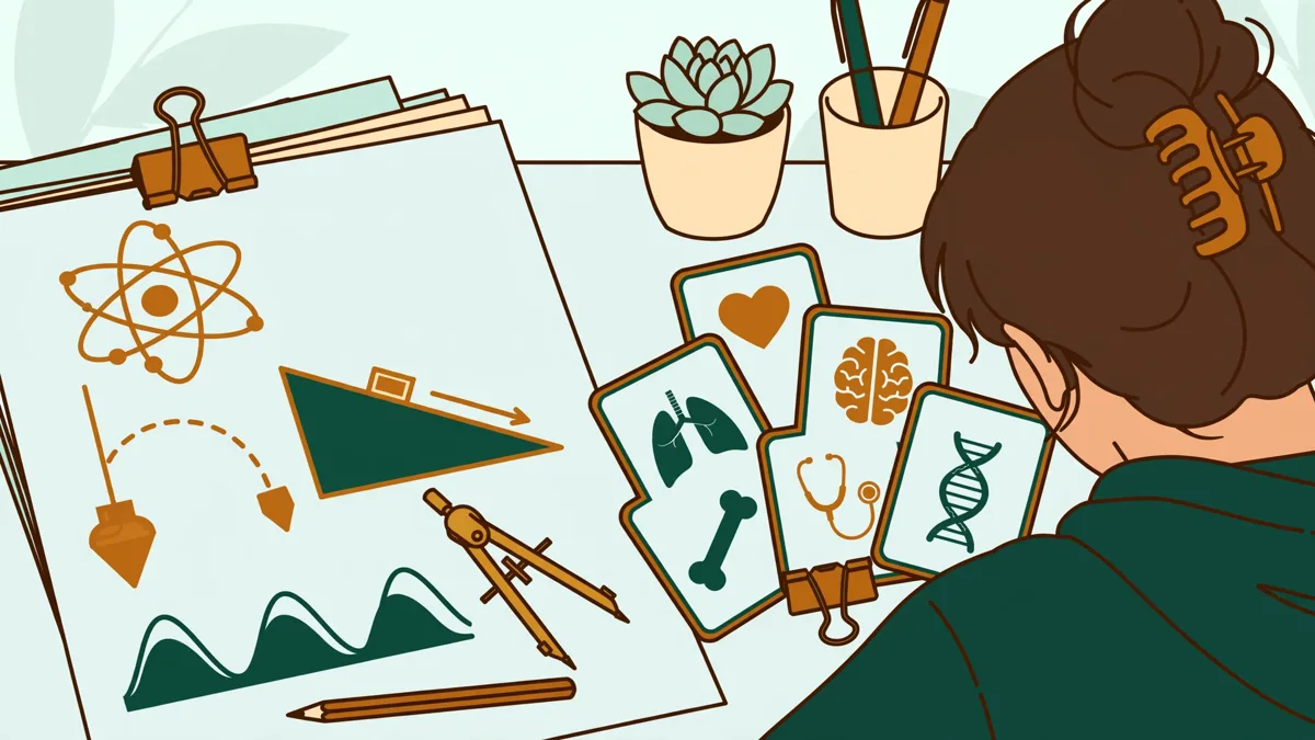 Une étudiante qui s'entraîne sur des QCM de santé à côté de ses notes de physique