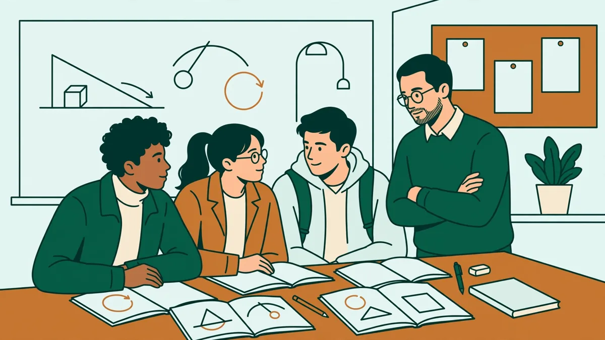 Un petit groupe d'étudiants qui résout un exercice de physique au tableau avec un enseignant