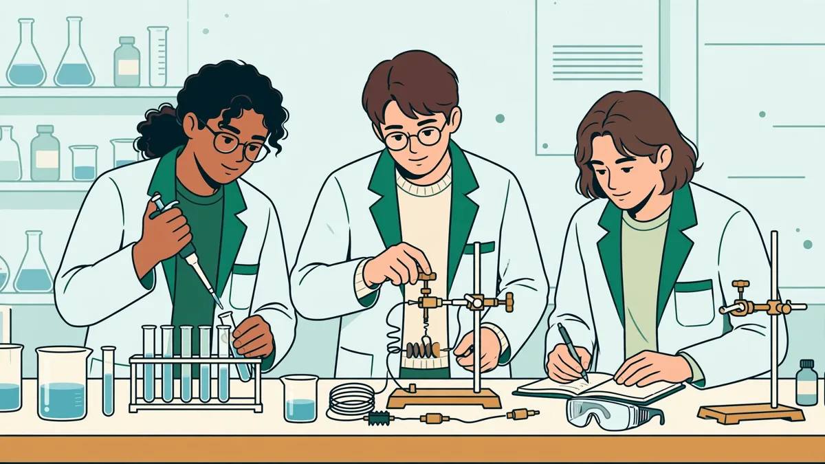 Trois étudiants en blouse autour d'une paillasse qui réalisent un TP de physique-chimie et notent leurs mesures