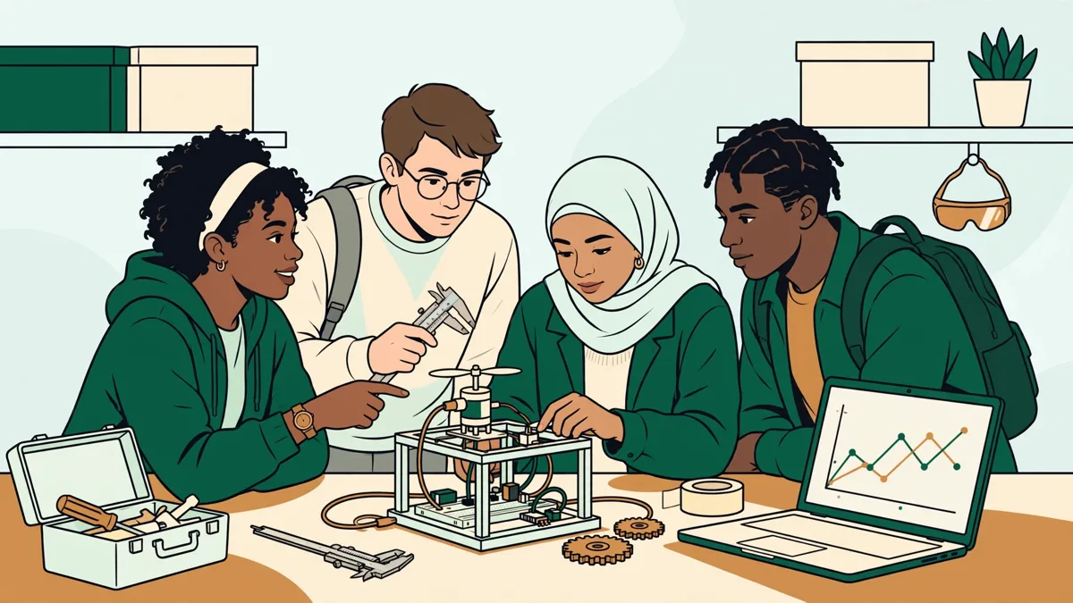 Un petit groupe d'étudiants autour d'un établi qui teste un prototype simple et discute des mesures affichées sur un ordinateur.