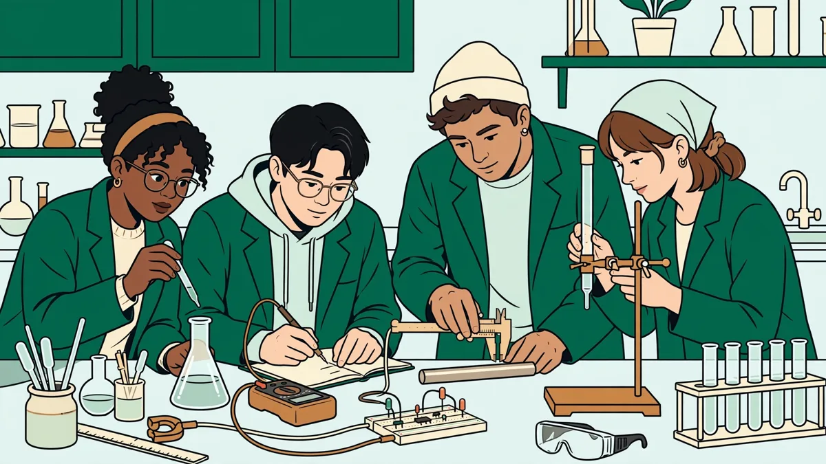 Des étudiants en licence en pleine séance de travaux pratiques de chimie et de physique, autour d'une paillasse avec verrerie et instruments de mesure.