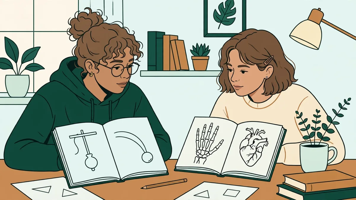 Deux étudiants qui révisent ensemble, un cahier de physique avec schémas d’un côté et un schéma d’anatomie de l’autre